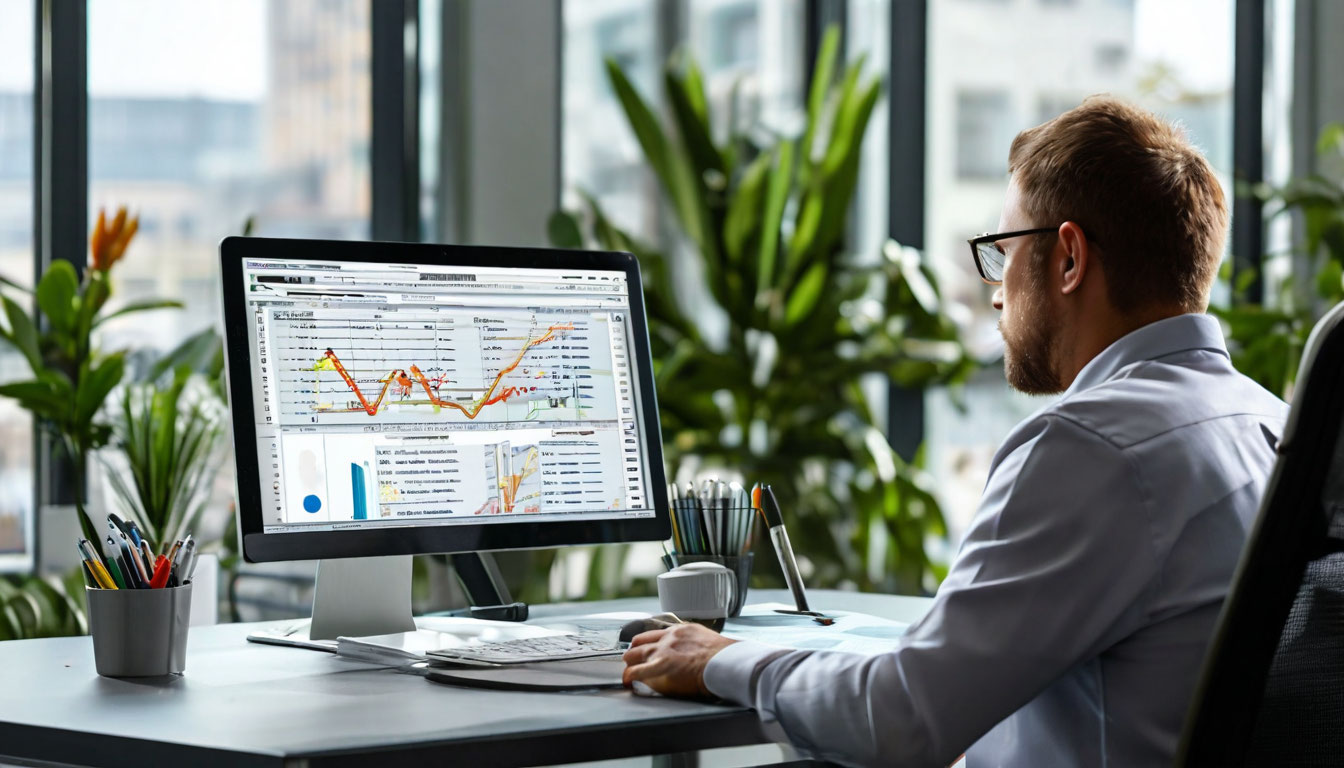 Руководитель клиники анализирует KPI и статистику неявок пациентов на экране монитора