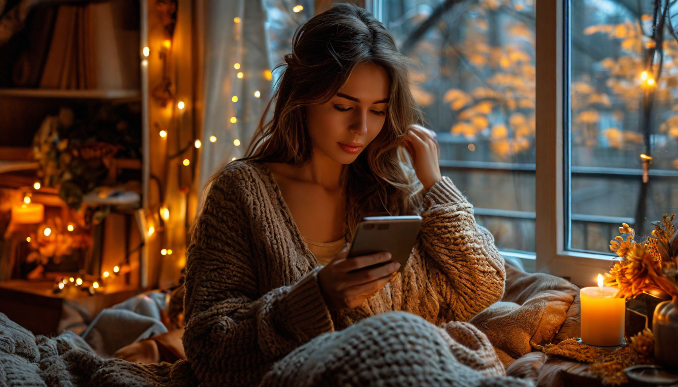 Женщина записывается к врачу через смартфон осенним вечером