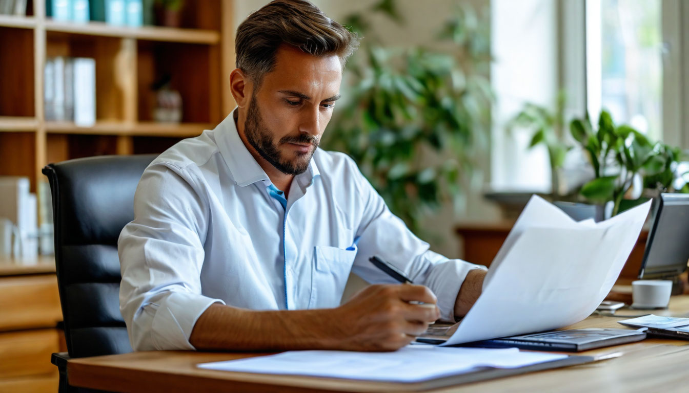 Руководитель клиники изучает письменную претензию пациента за рабочим столом